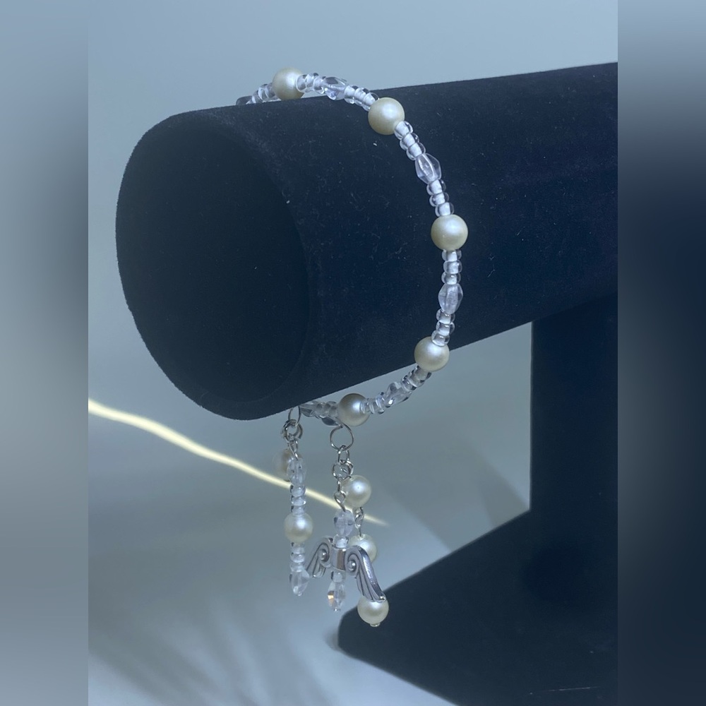 Elegant Pearl and Crystal Memory Wire Angel Wings Bracelet